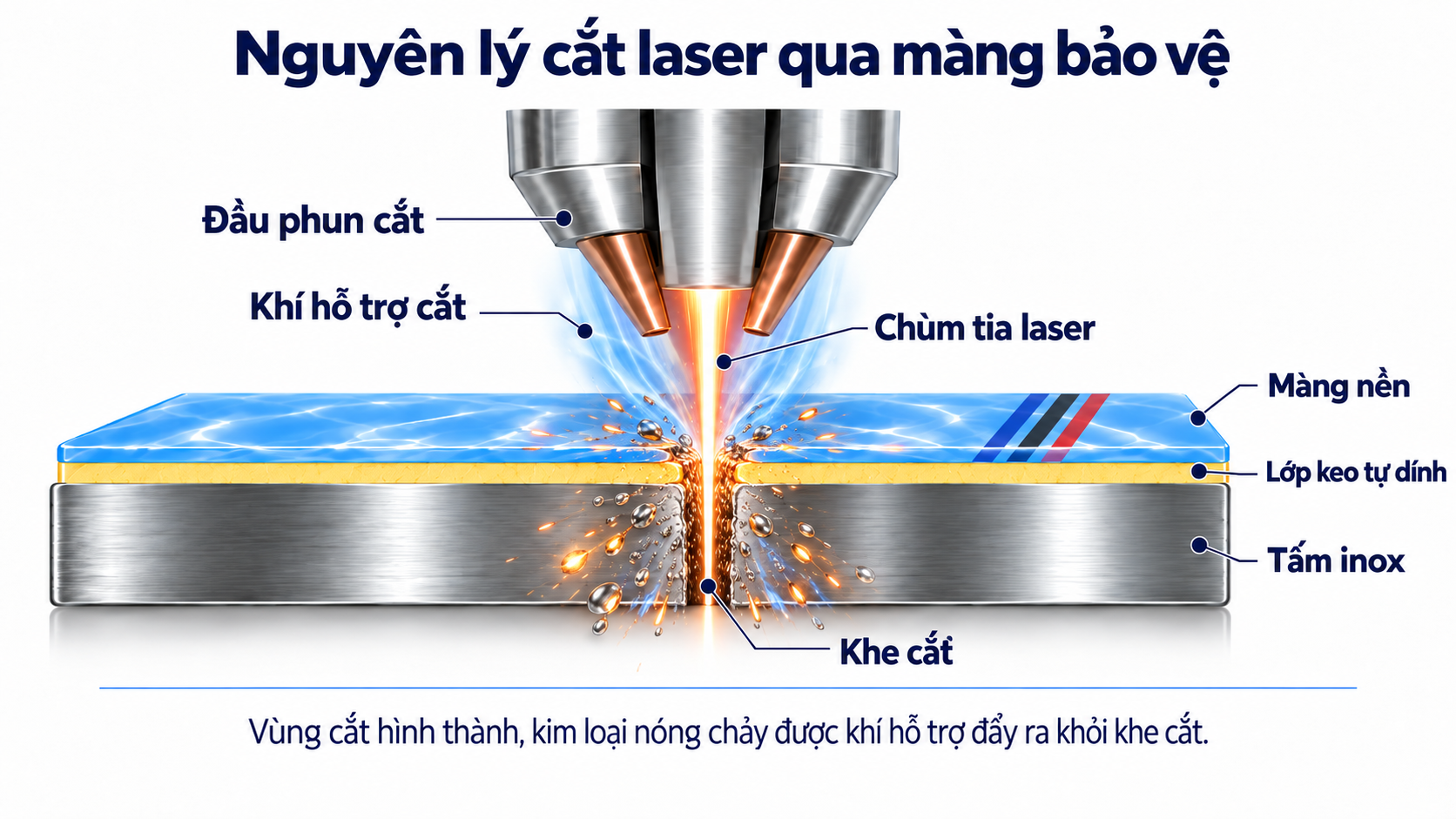 Sơ đồ nguyên lý cắt laser qua băng keo laser Korem trên tấm inox